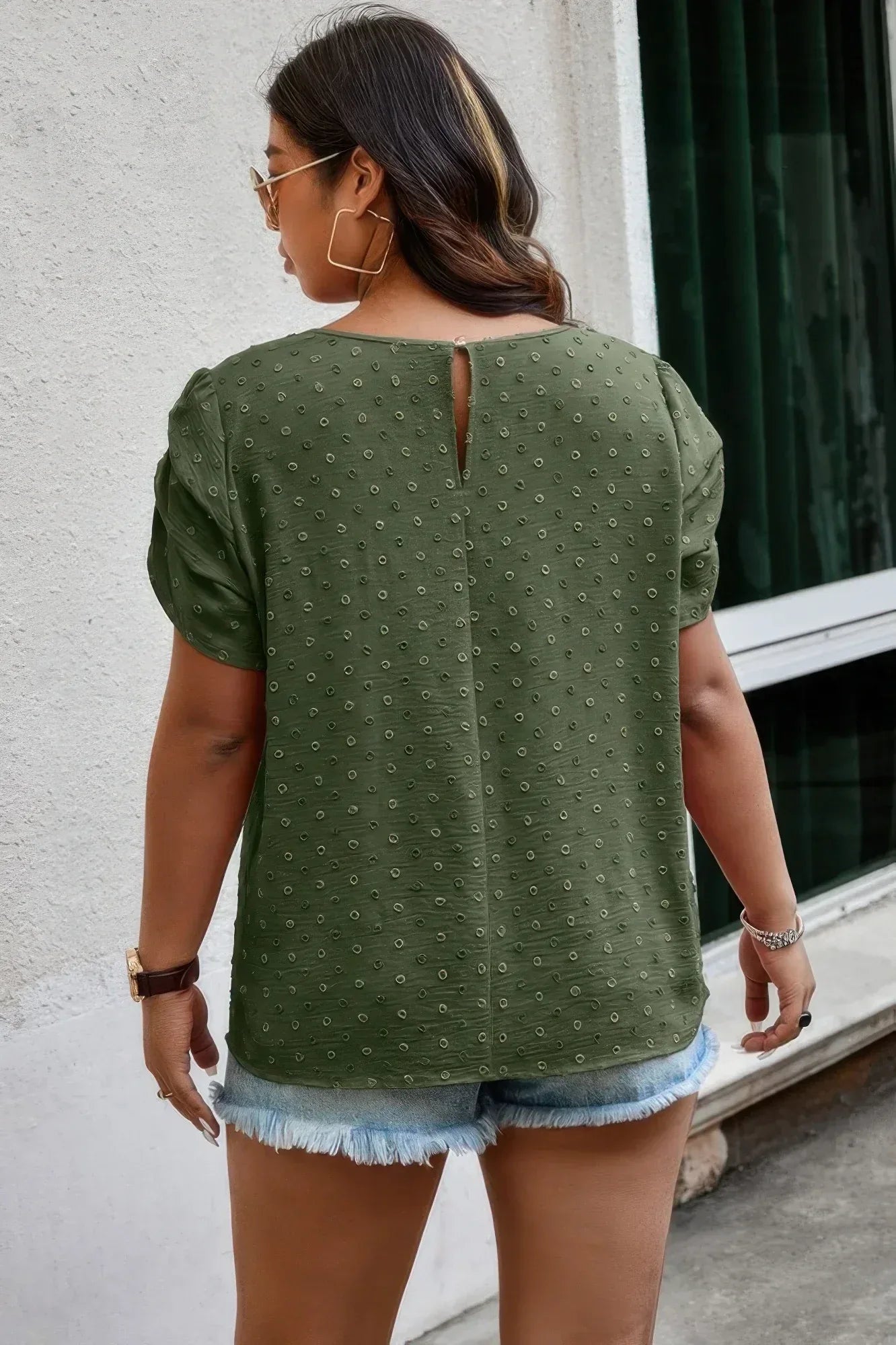 Plus Size Solid Swiss Dots Short Sleeve Blouse | Mixtshop LLC