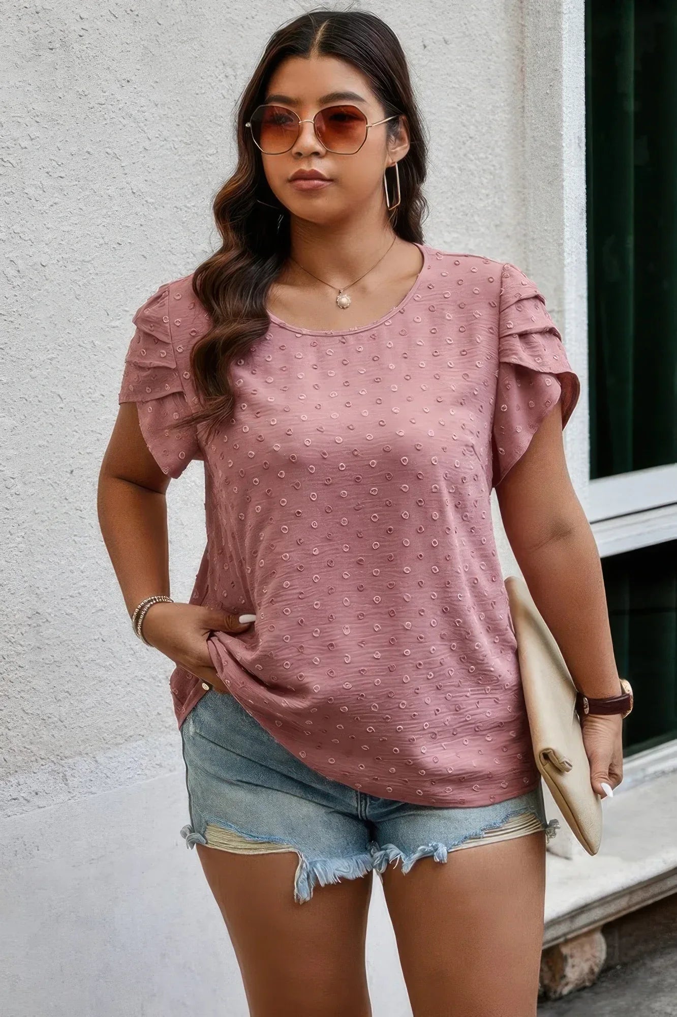 Plus Size Solid Swiss Dots Short Sleeve Blouse | Mixtshop LLC