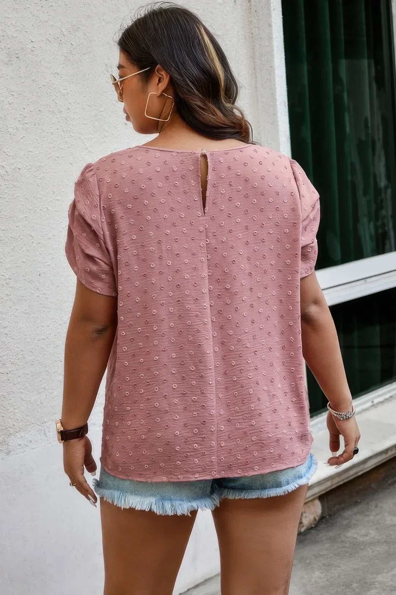 Plus Size Solid Swiss Dots Short Sleeve Blouse | Mixtshop LLC