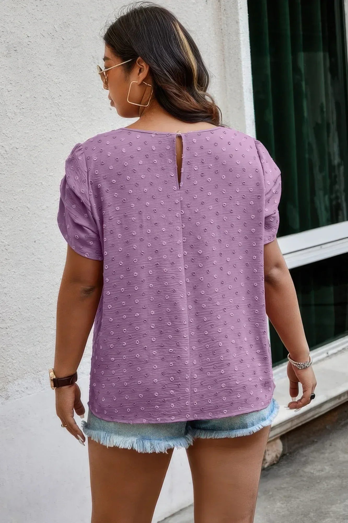 Plus Size Solid Swiss Dots Short Sleeve Blouse | Mixtshop LLC