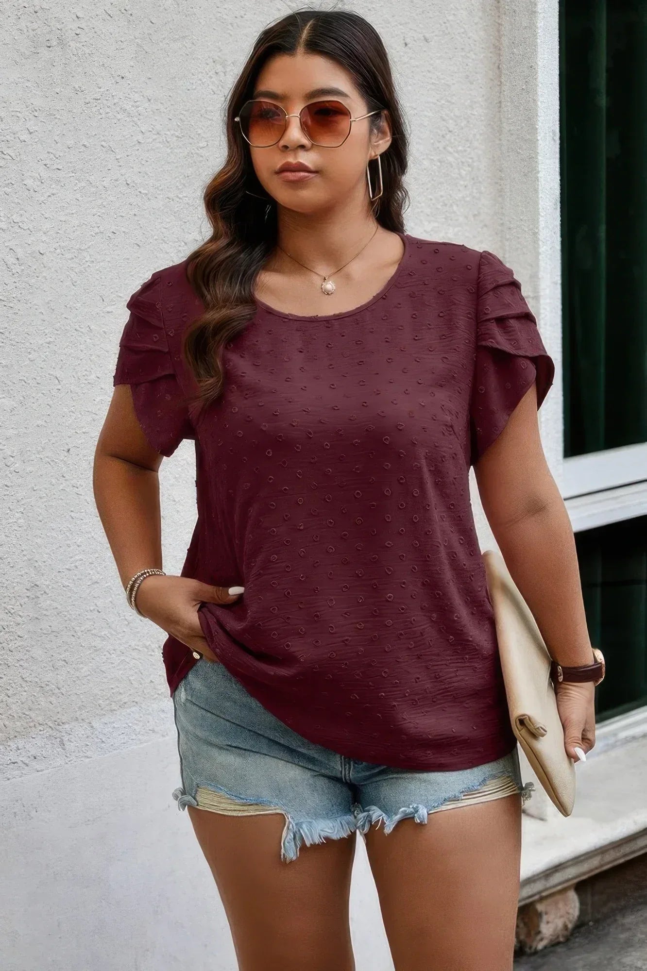 Plus Size Solid Swiss Dots Short Sleeve Blouse | Mixtshop LLC
