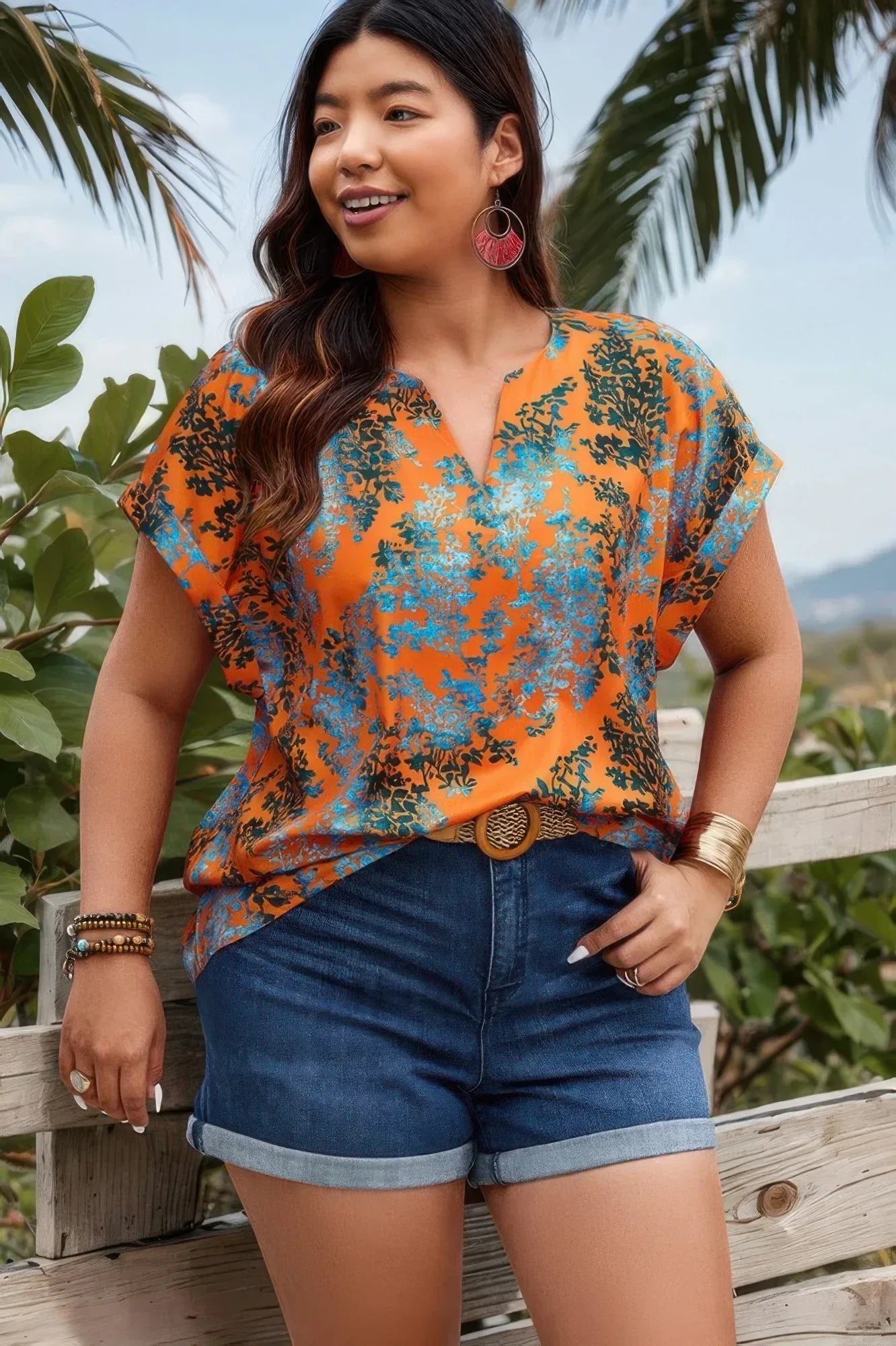 Plus Floral V Neck Batwing Sleeve Loose Shirt | Mixtshop LLC Main image