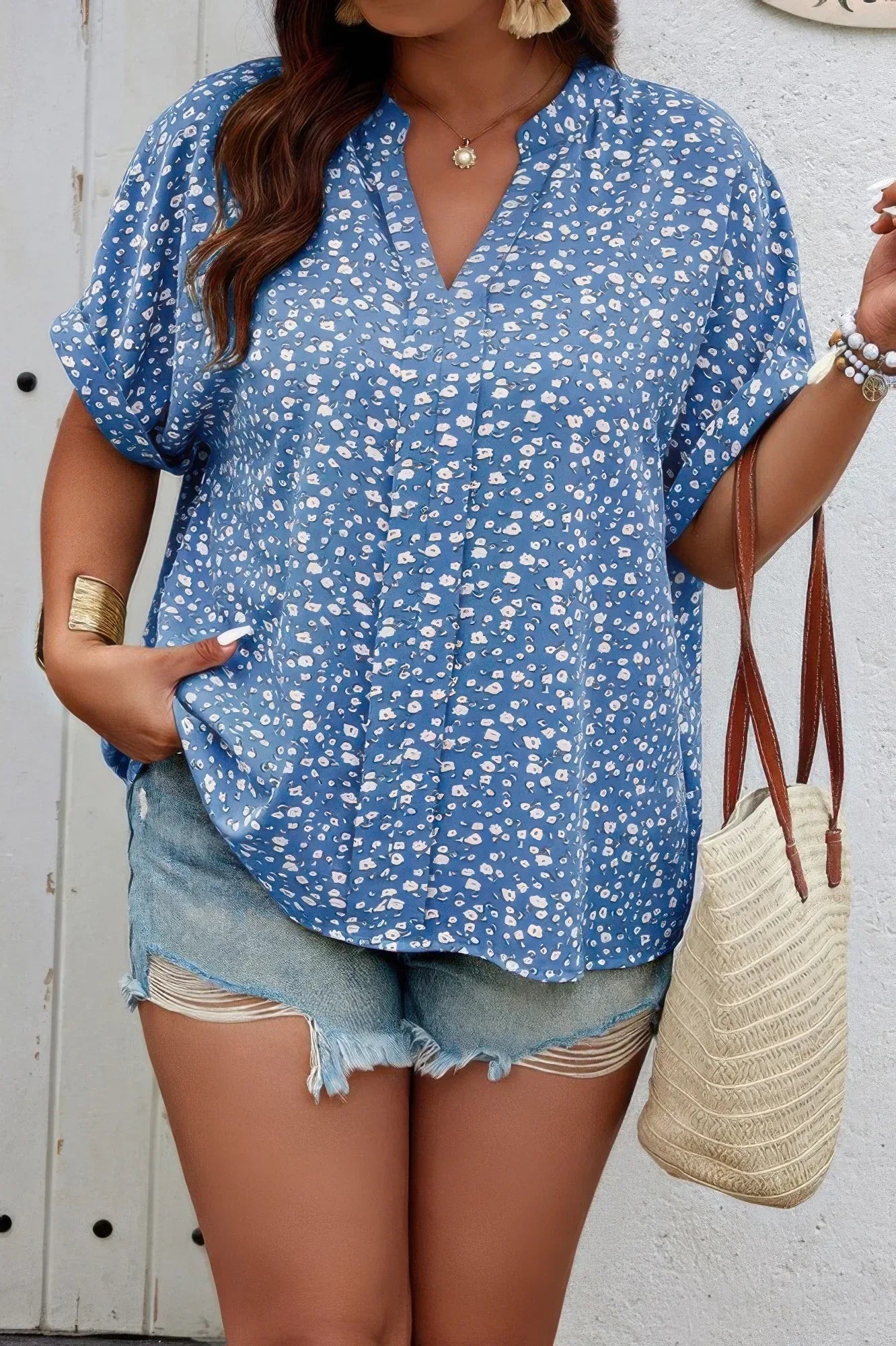 Plus Size Floral Print V Neck Short Sleeve Blouse | Mixtshop LLC