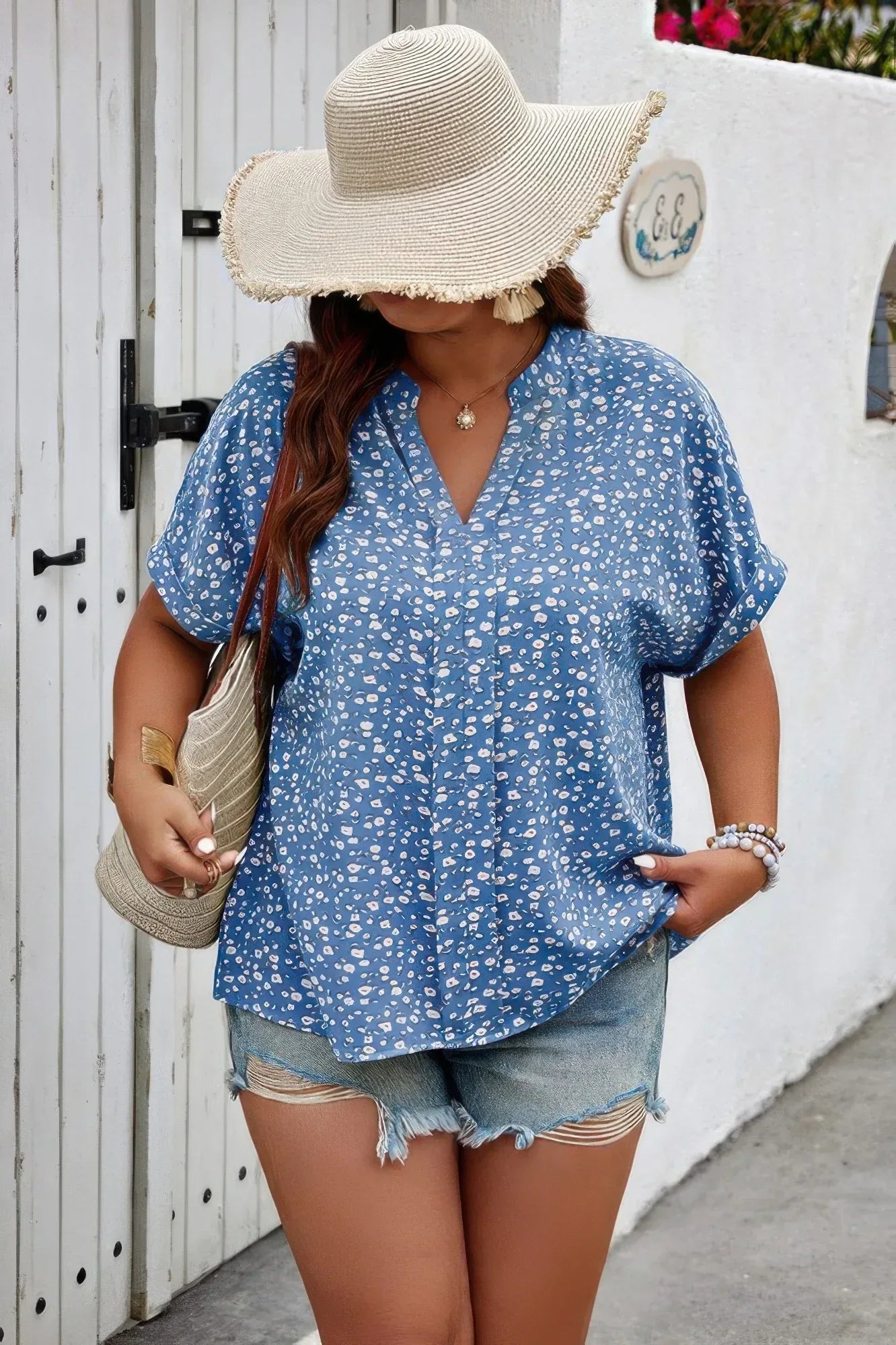 Plus Size Floral Print V Neck Short Sleeve Blouse | Mixtshop LLC