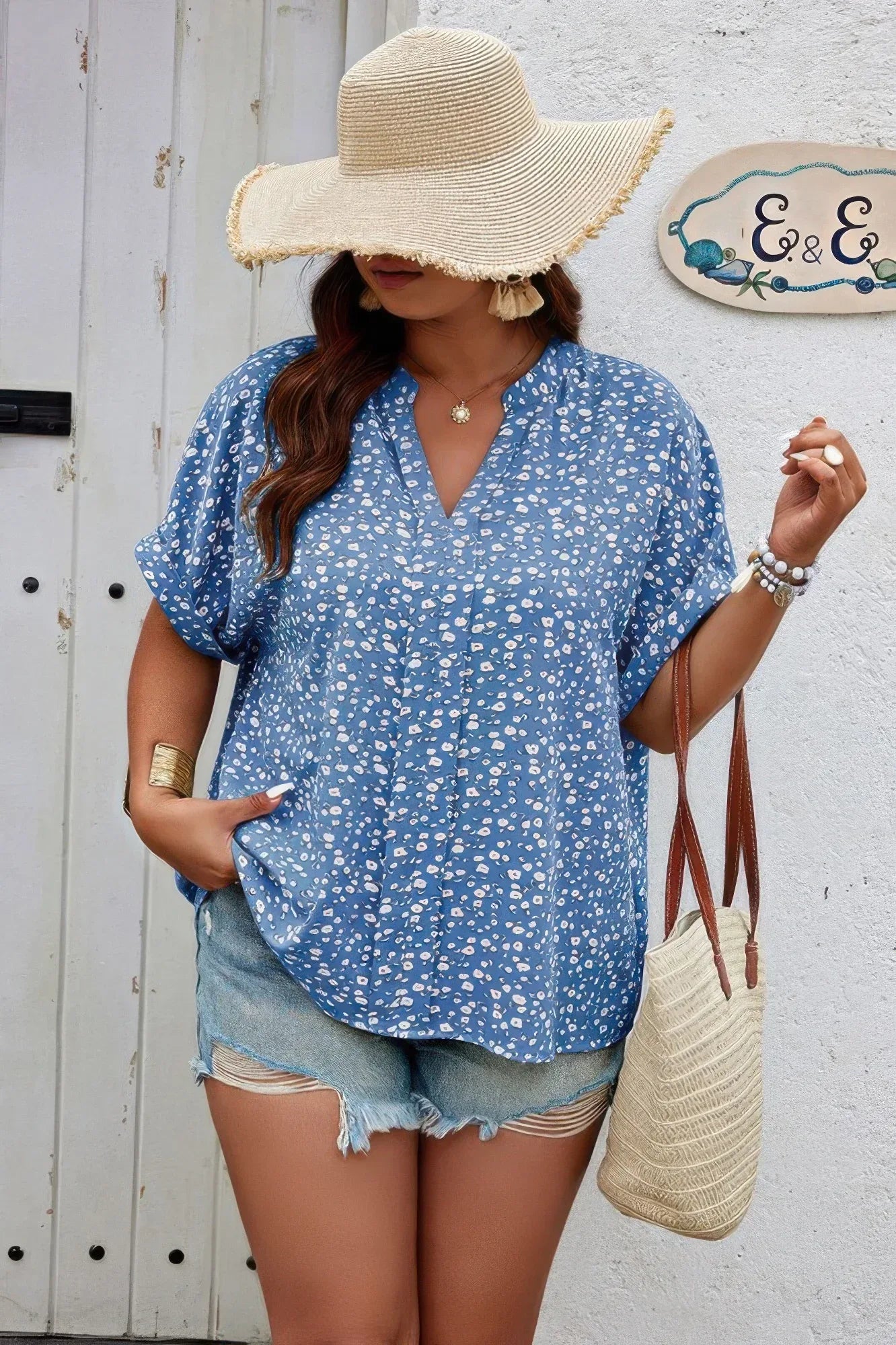 Plus Size Floral Print V Neck Short Sleeve Blouse | Mixtshop LLC
