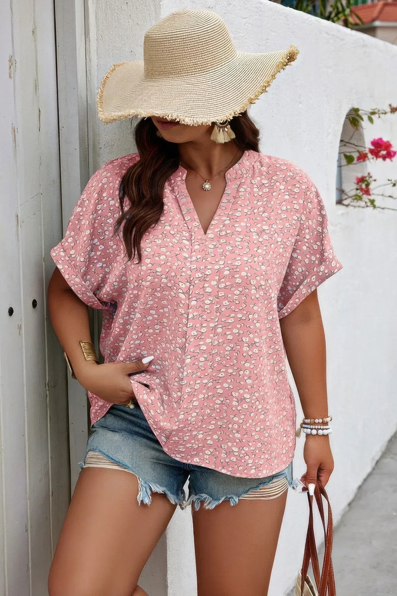 Plus Size Floral Print V Neck Short Sleeve Blouse | Mixtshop LLC