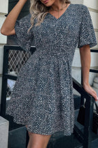 Allover Print V Neck Flounce Sleeve Fit Dress | Mixtshop LLC
