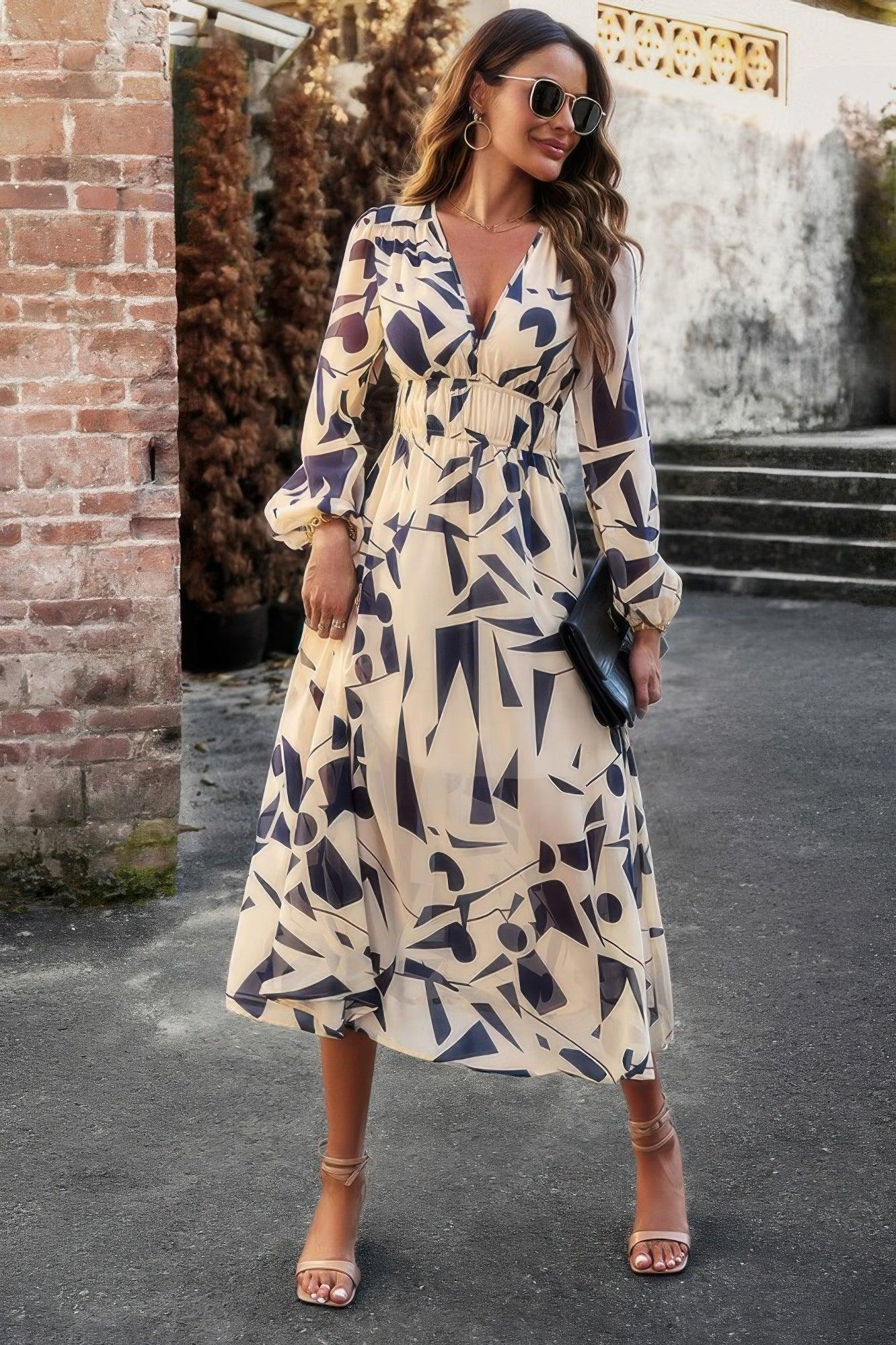 Boho V Neck A Line High Waist Long Sleeve Dress Secondary image