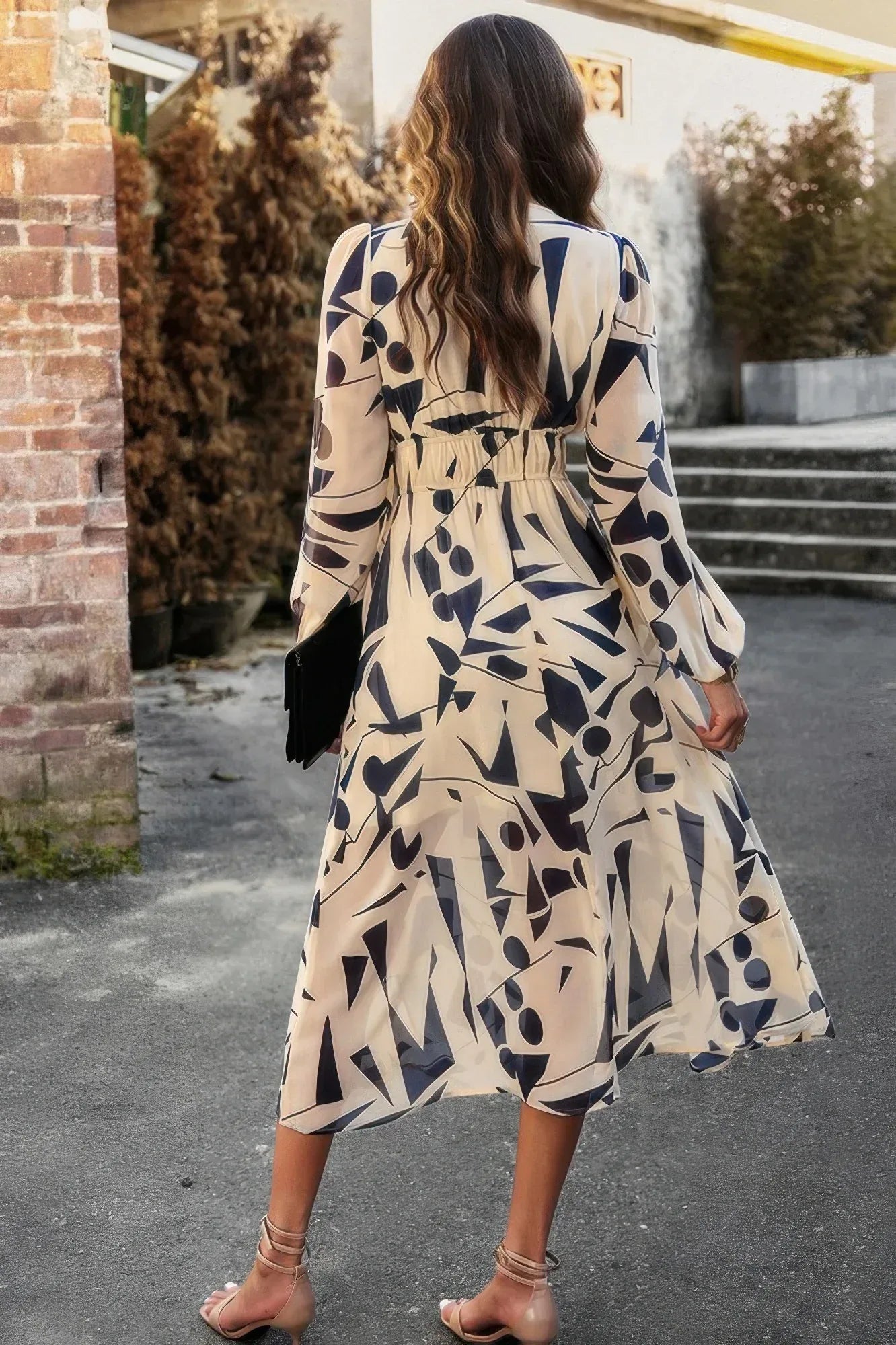 Boho V Neck A Line High Waist Long Sleeve Dress | Mixtshop LLC