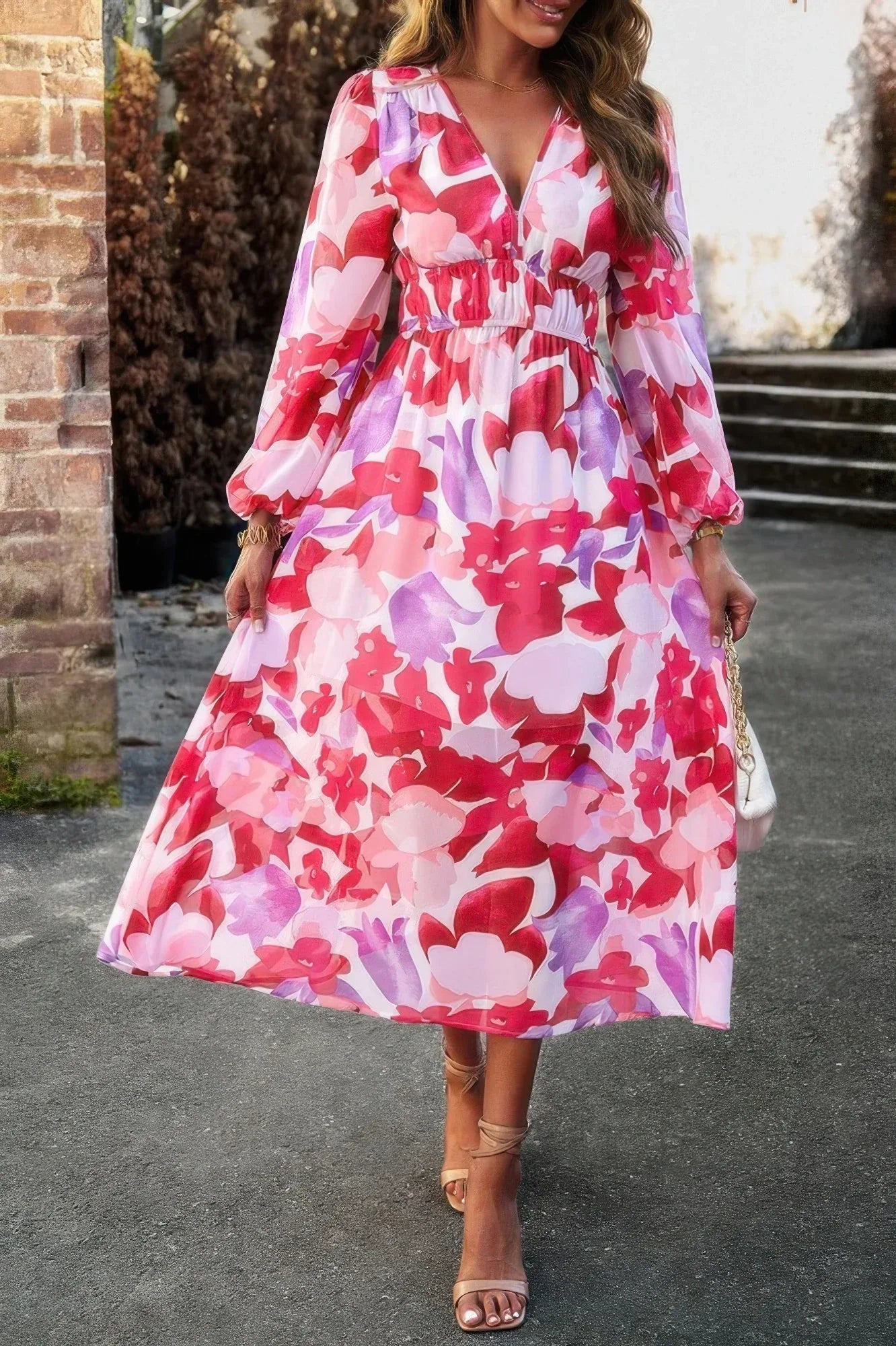Boho V Neck A Line High Waist Long Sleeve Dress | Mixtshop LLC