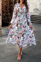 Boho V Neck A Line High Waist Long Sleeve Dress | Mixtshop LLC