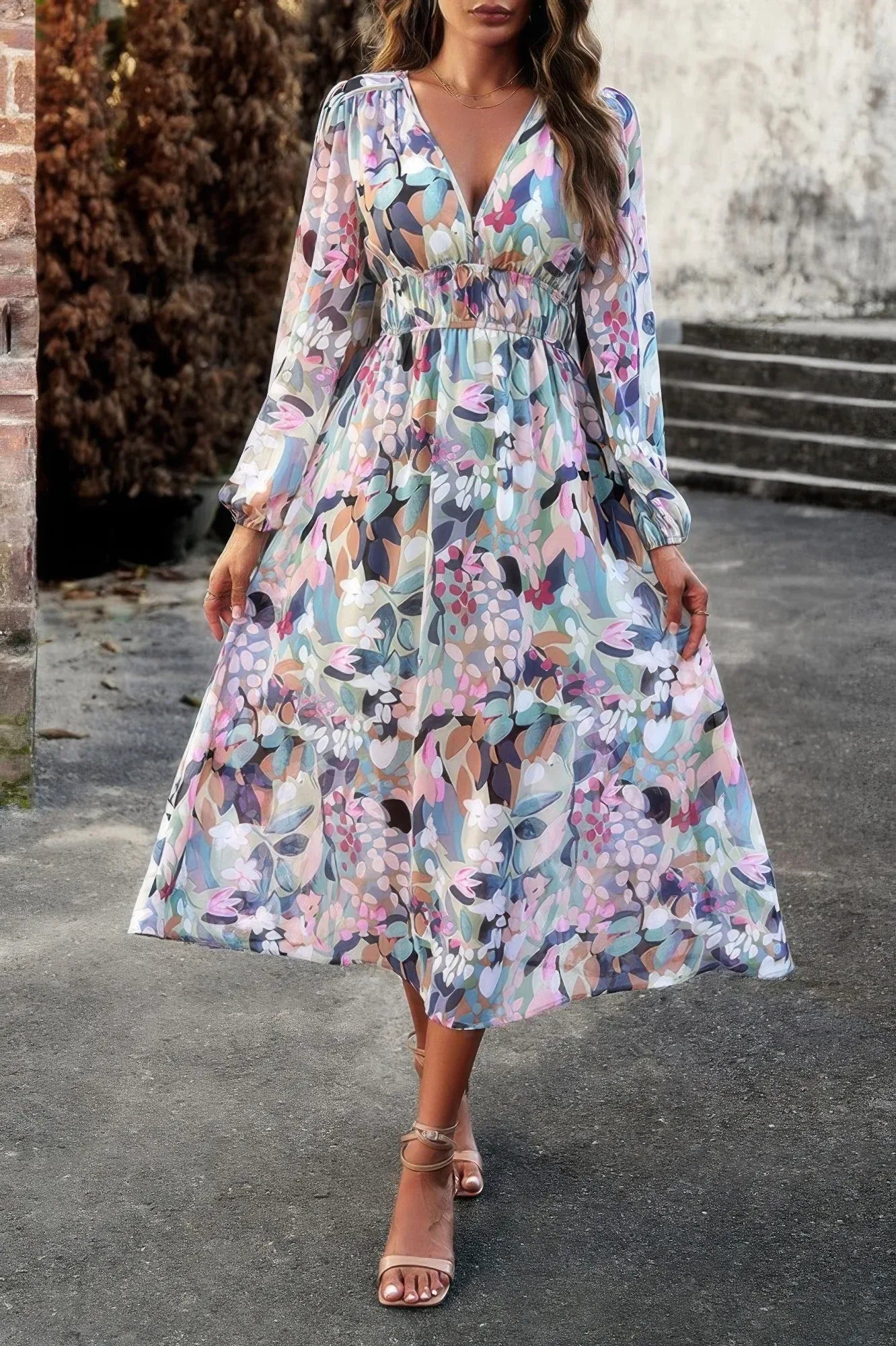 Boho V Neck A Line High Waist Long Sleeve Dress | Mixtshop LLC