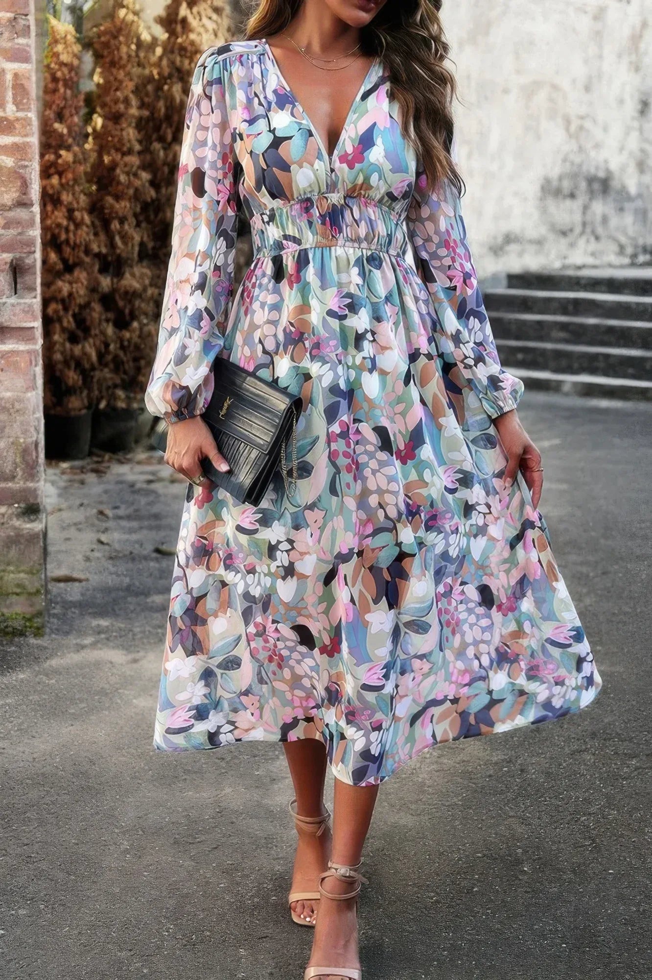Boho V Neck A Line High Waist Long Sleeve Dress | Mixtshop LLC