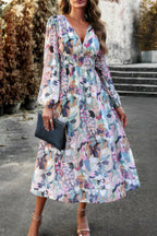 Boho V Neck A Line High Waist Long Sleeve Dress | Mixtshop LLC