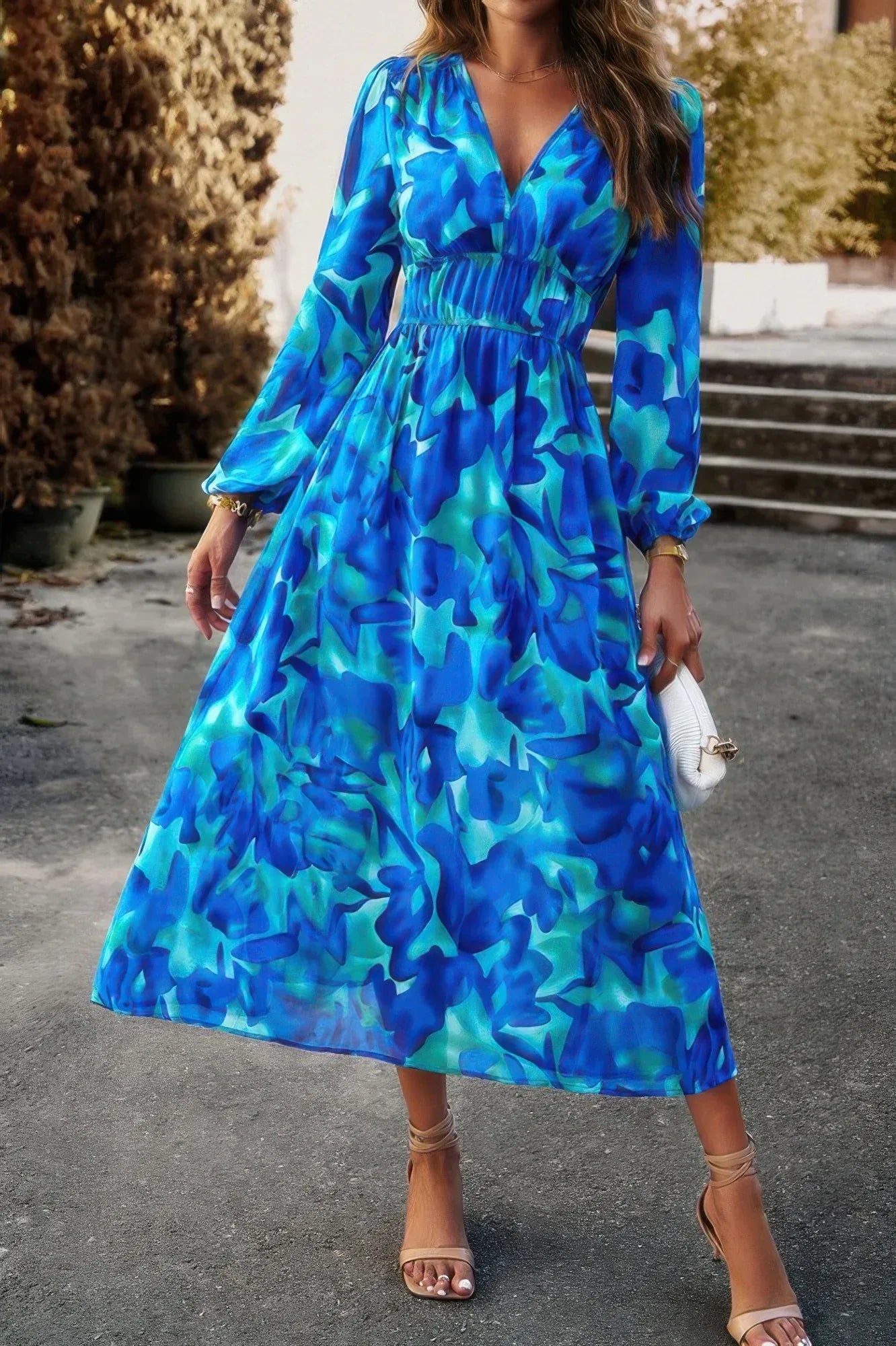 Boho V Neck A Line High Waist Long Sleeve Dress | Mixtshop LLC