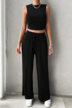 Solid Round Neck Sleeveless Drawstring Pockets Set | Mixtshop LLC