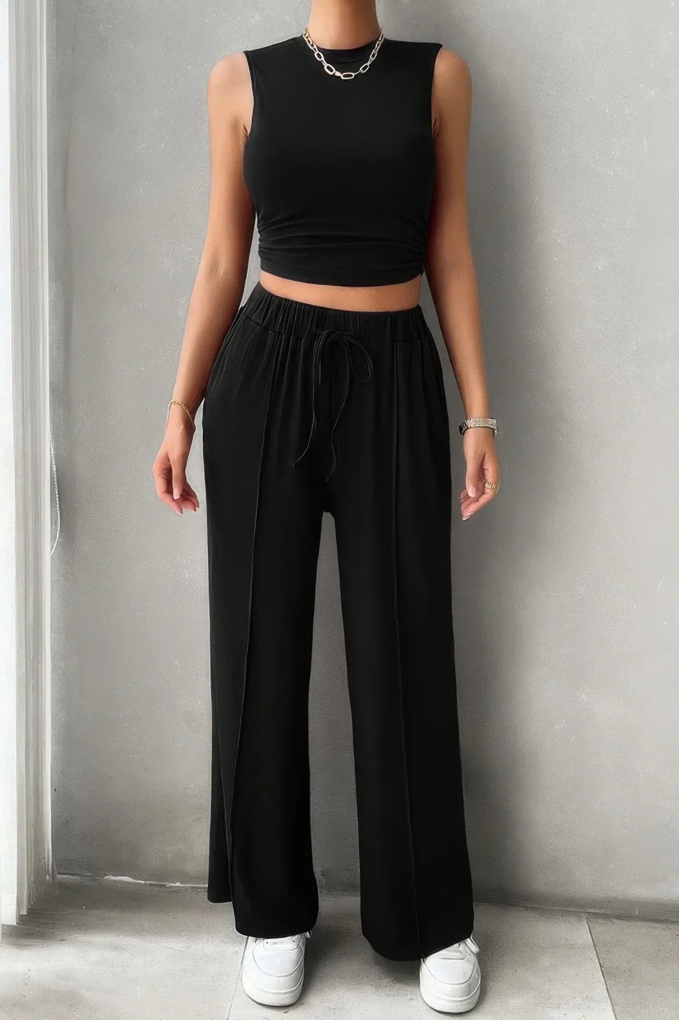Solid Round Neck Sleeveless Drawstring Pockets Set | Mixtshop LLC
