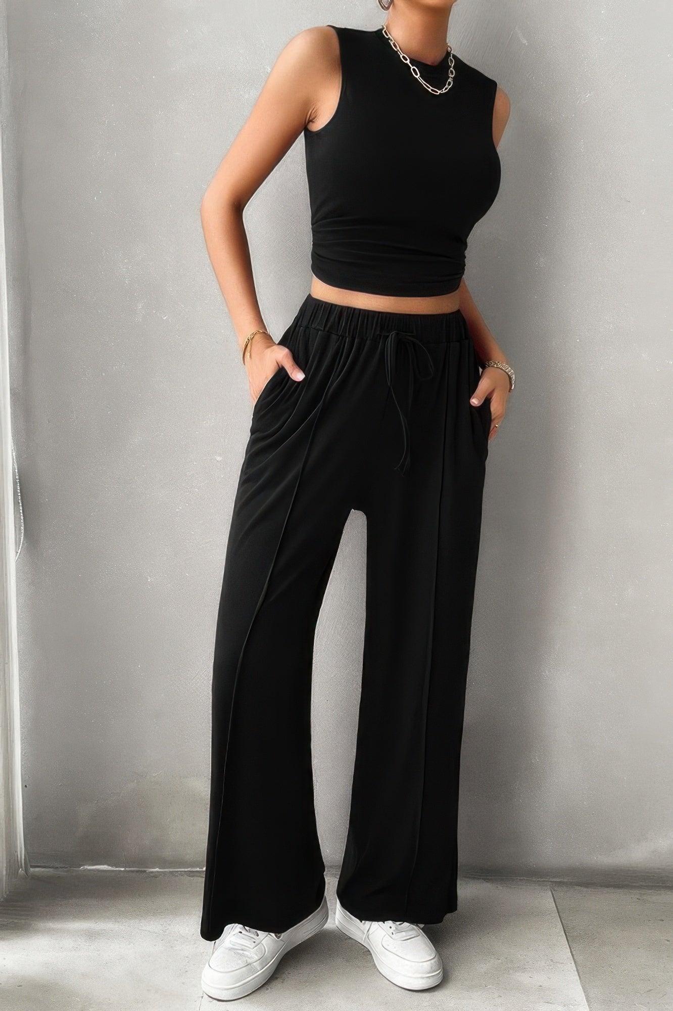 Solid Round Neck Sleeveless Drawstring Pockets Set Secondary image