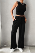 Solid Round Neck Sleeveless Drawstring Pockets Set | Mixtshop LLC
