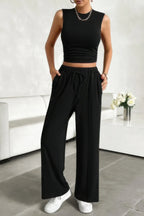 Solid Round Neck Sleeveless Drawstring Pockets Set | Mixtshop LLC