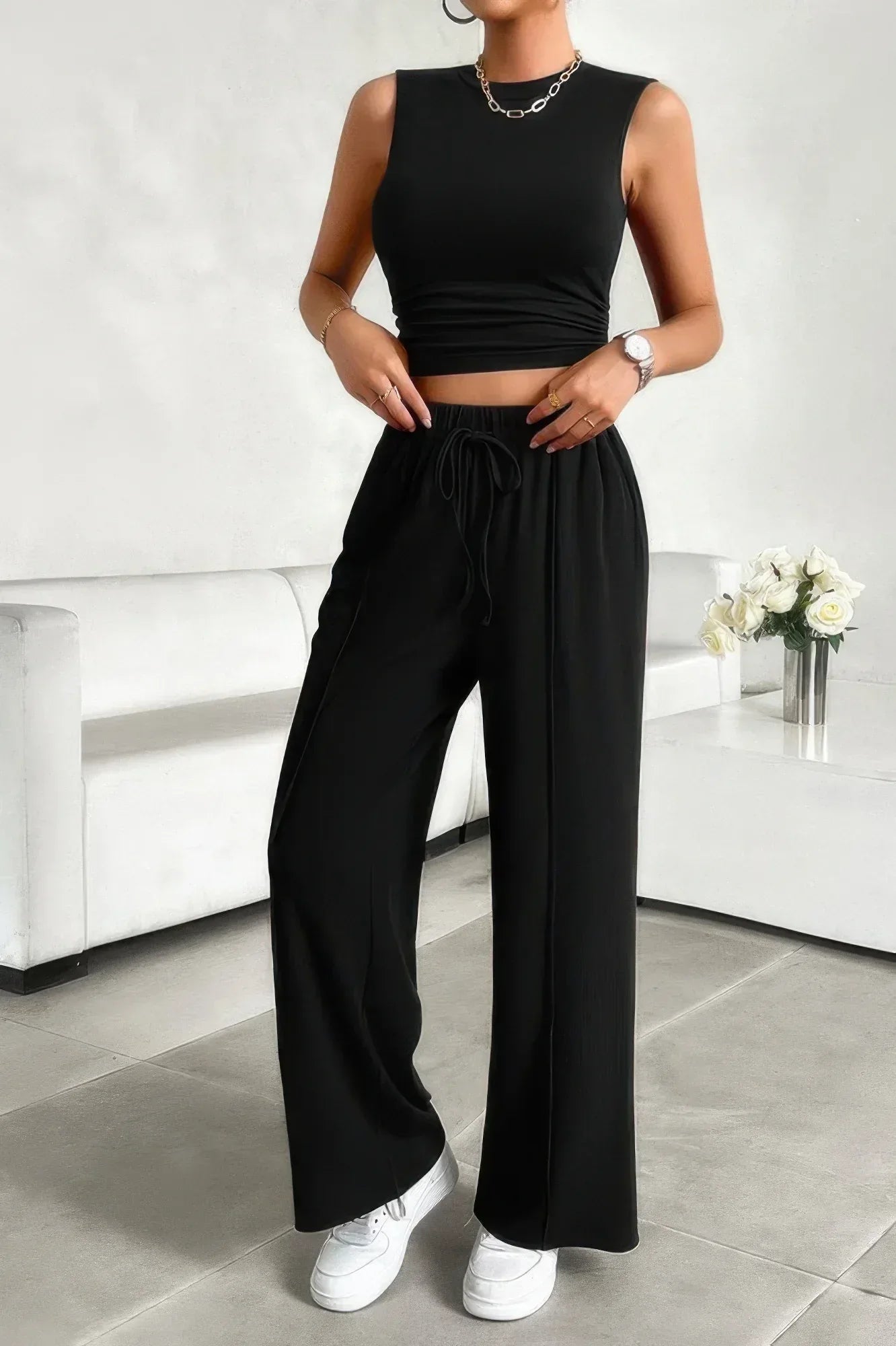 Solid Round Neck Sleeveless Drawstring Pockets Set | Mixtshop LLC