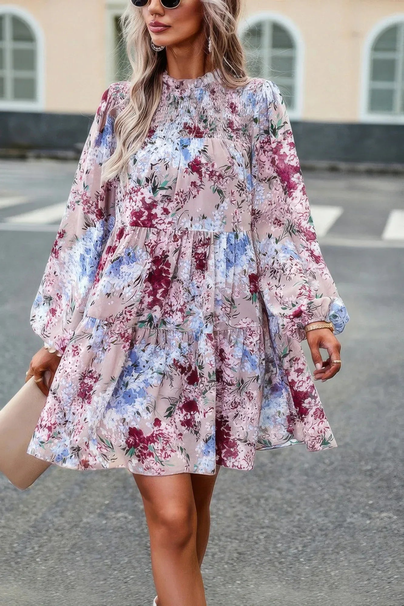 Floral Print Tiered Sleeve Ruffle Hem Smock Dress | Mixtshop LLC Main image