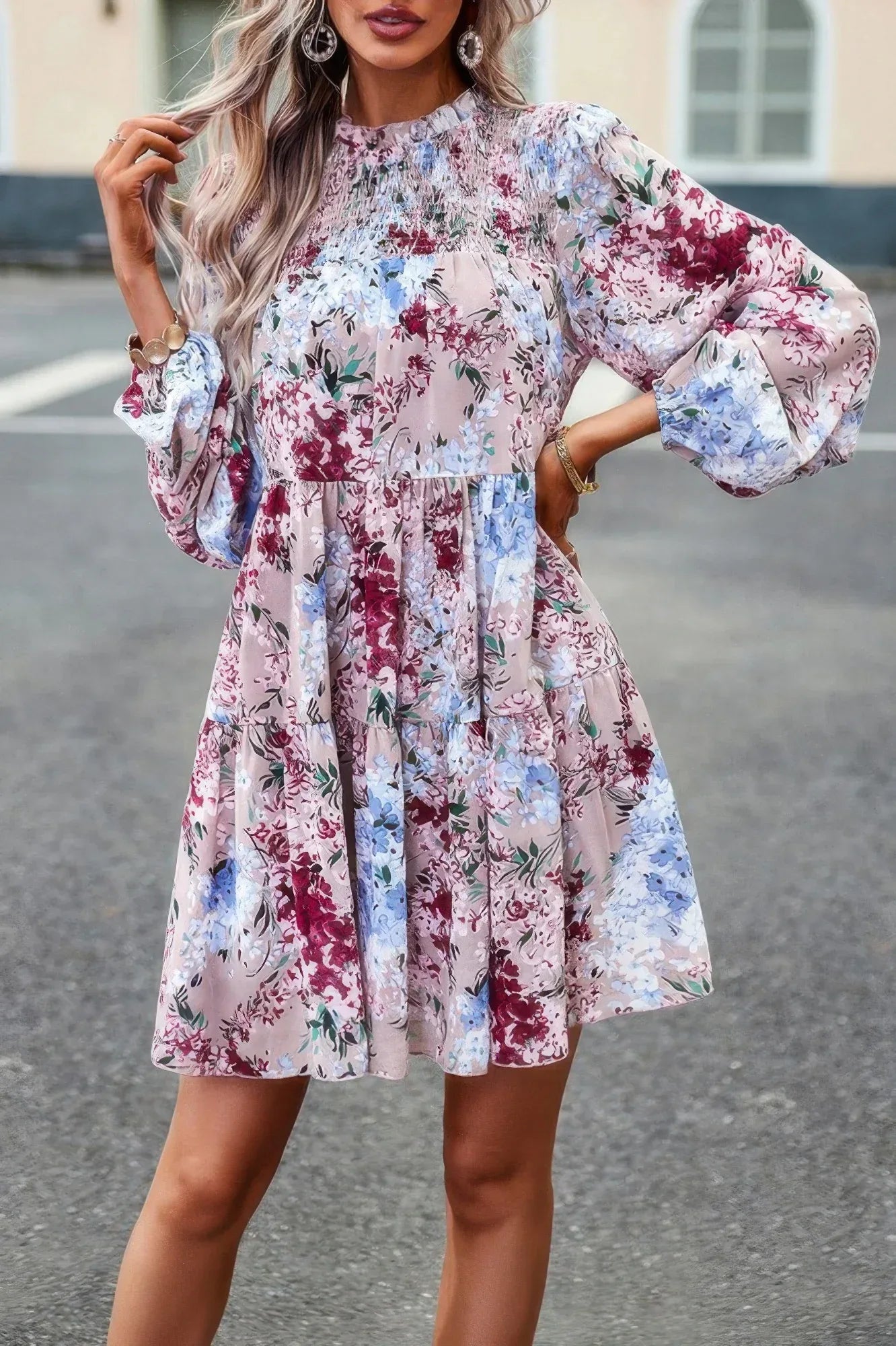 Floral Print Tiered Sleeve Ruffle Hem Smock Dress | Mixtshop LLC