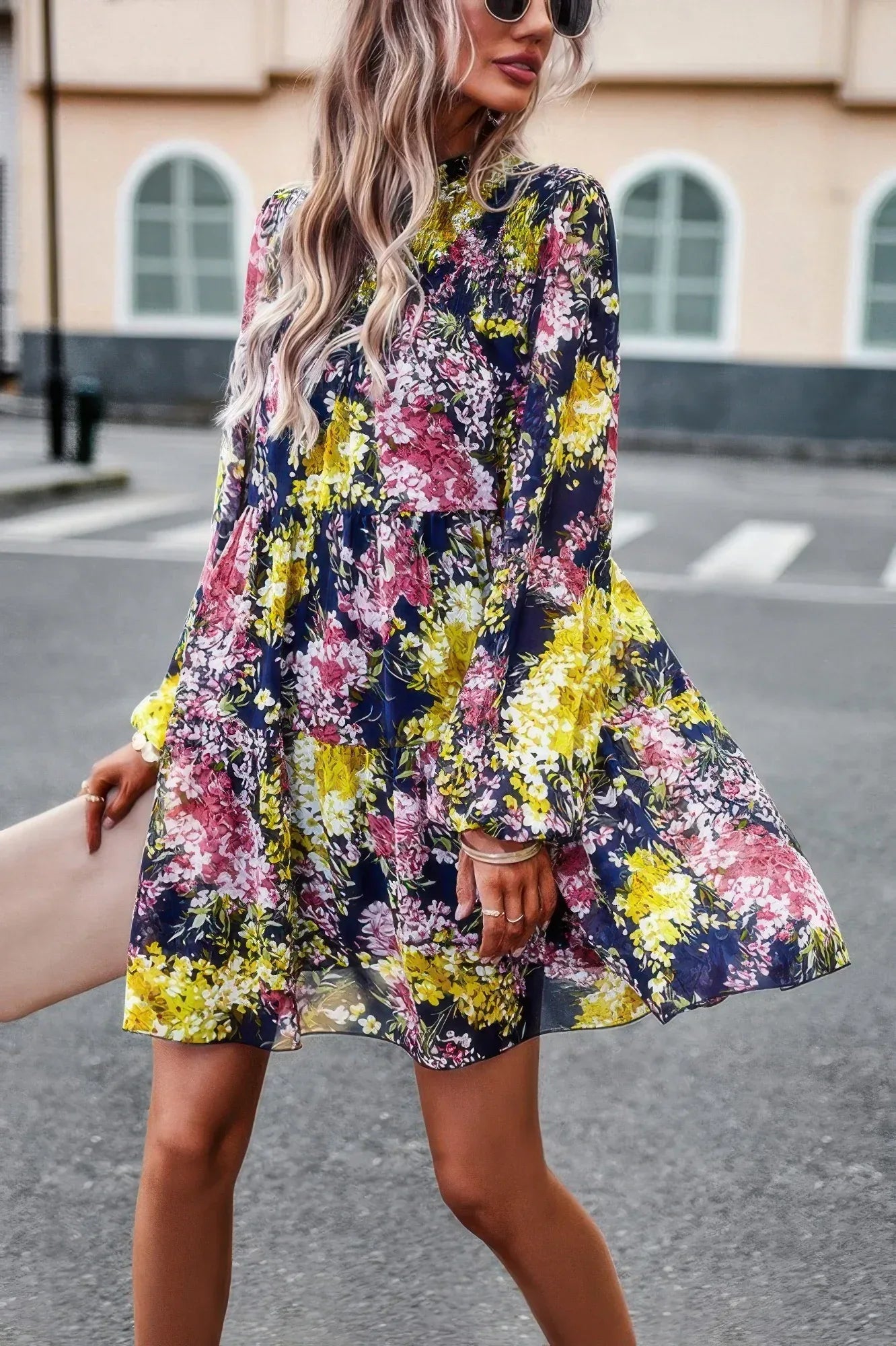 Floral Print Tiered Sleeve Ruffle Hem Smock Dress | Mixtshop LLC