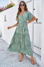 Allover Print V Neck Fit Belt A Line Long Dress | Mixtshop LLC