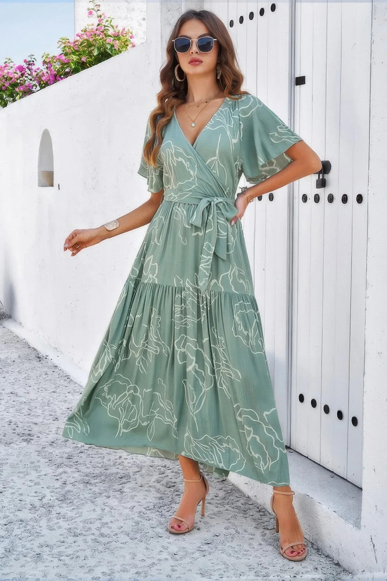 Allover Print V Neck Fit Belt A Line Long Dress | Mixtshop LLC