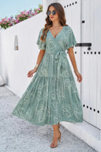 Allover Print V Neck Fit Belt A Line Long Dress | Mixtshop LLC