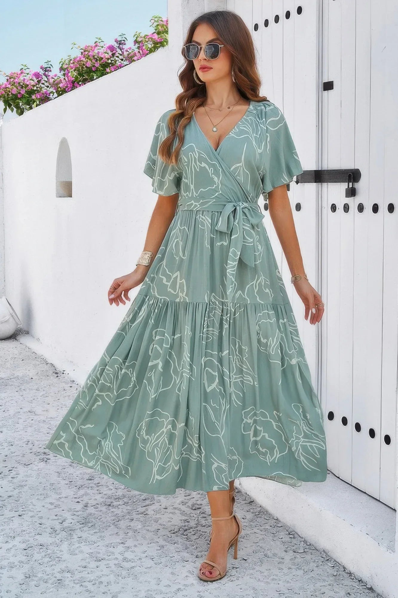 Allover Print V Neck Fit Belt A Line Long Dress | Mixtshop LLC