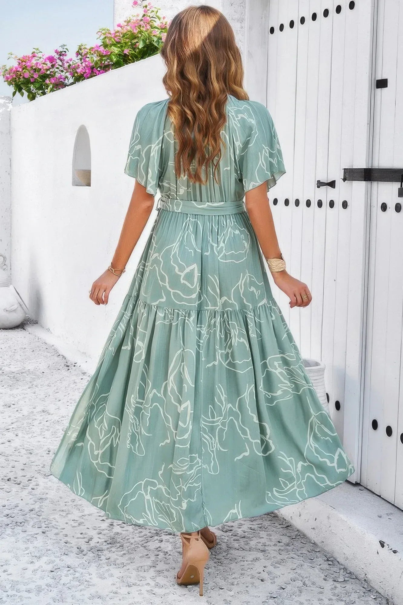 Allover Print V Neck Fit Belt A Line Long Dress | Mixtshop LLC