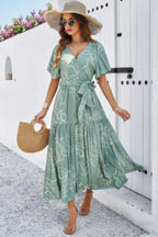 Allover Print V Neck Fit Belt A Line Long Dress | Mixtshop LLC