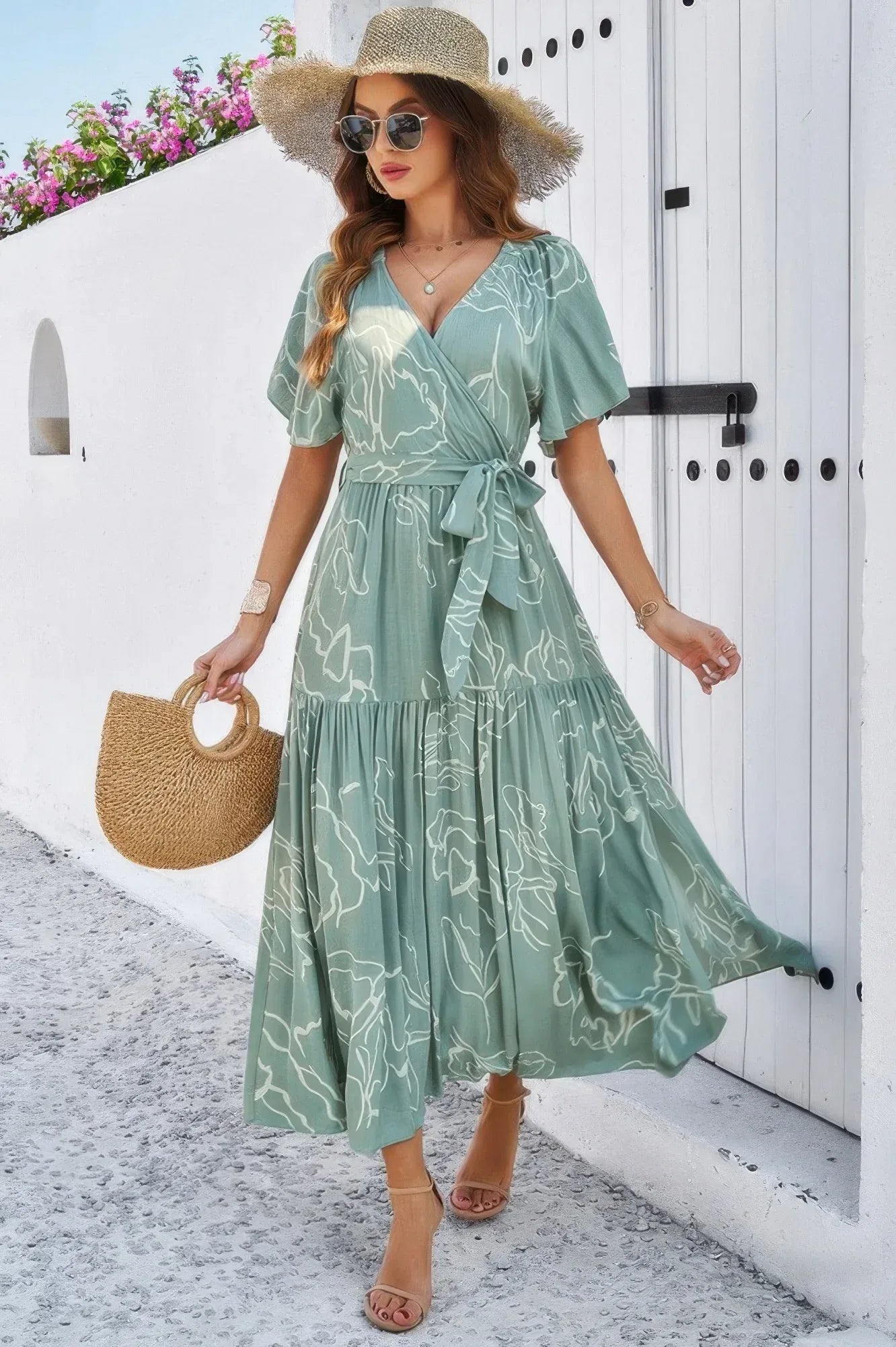 Allover Print V Neck Fit Belt A Line Long Dress | Mixtshop LLC