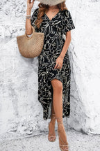 Allover Print V Neck Fit Belt A Line Long Dress | Mixtshop LLC
