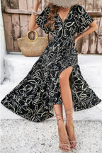 Allover Print V Neck Fit Belt A Line Long Dress | Mixtshop LLC