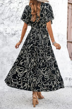 Allover Print V Neck Fit Belt A Line Long Dress | Mixtshop LLC