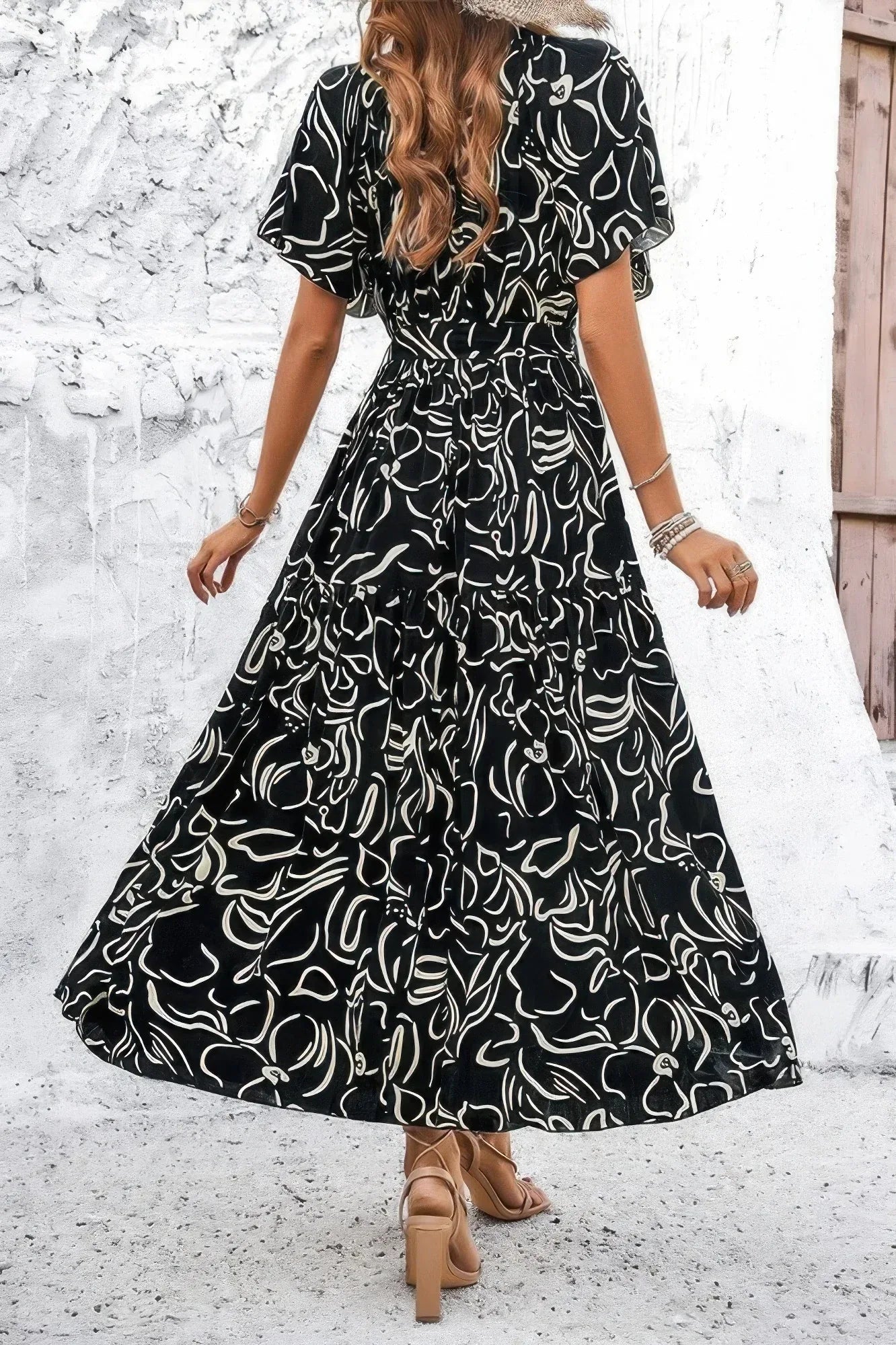 Allover Print V Neck Fit Belt A Line Long Dress | Mixtshop LLC