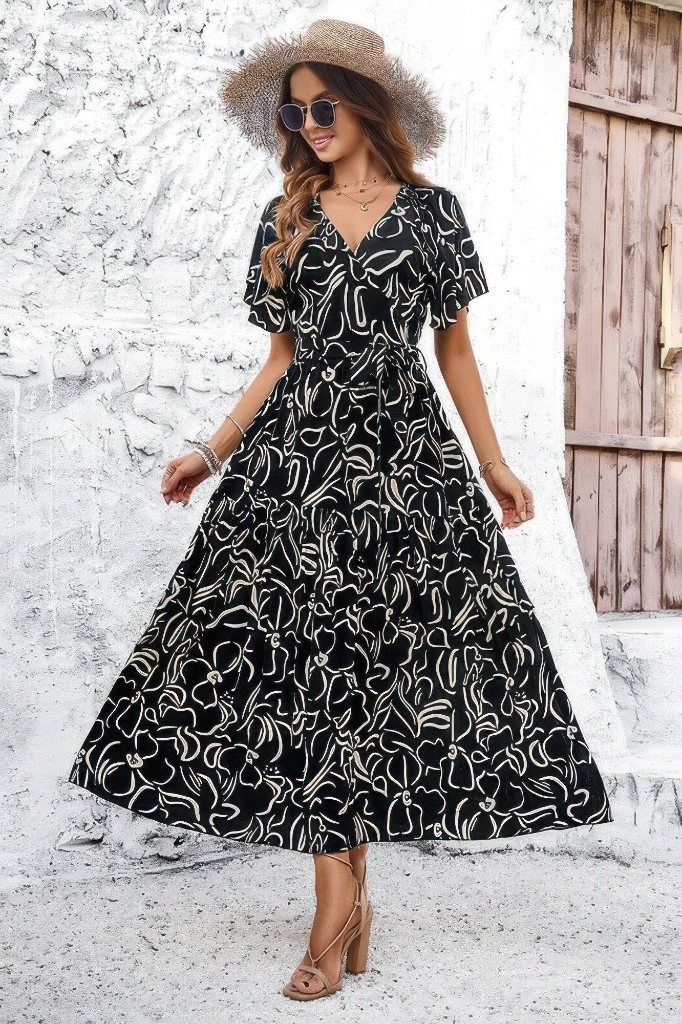Allover Print V Neck Fit Belt A Line Long Dress | Mixtshop LLC