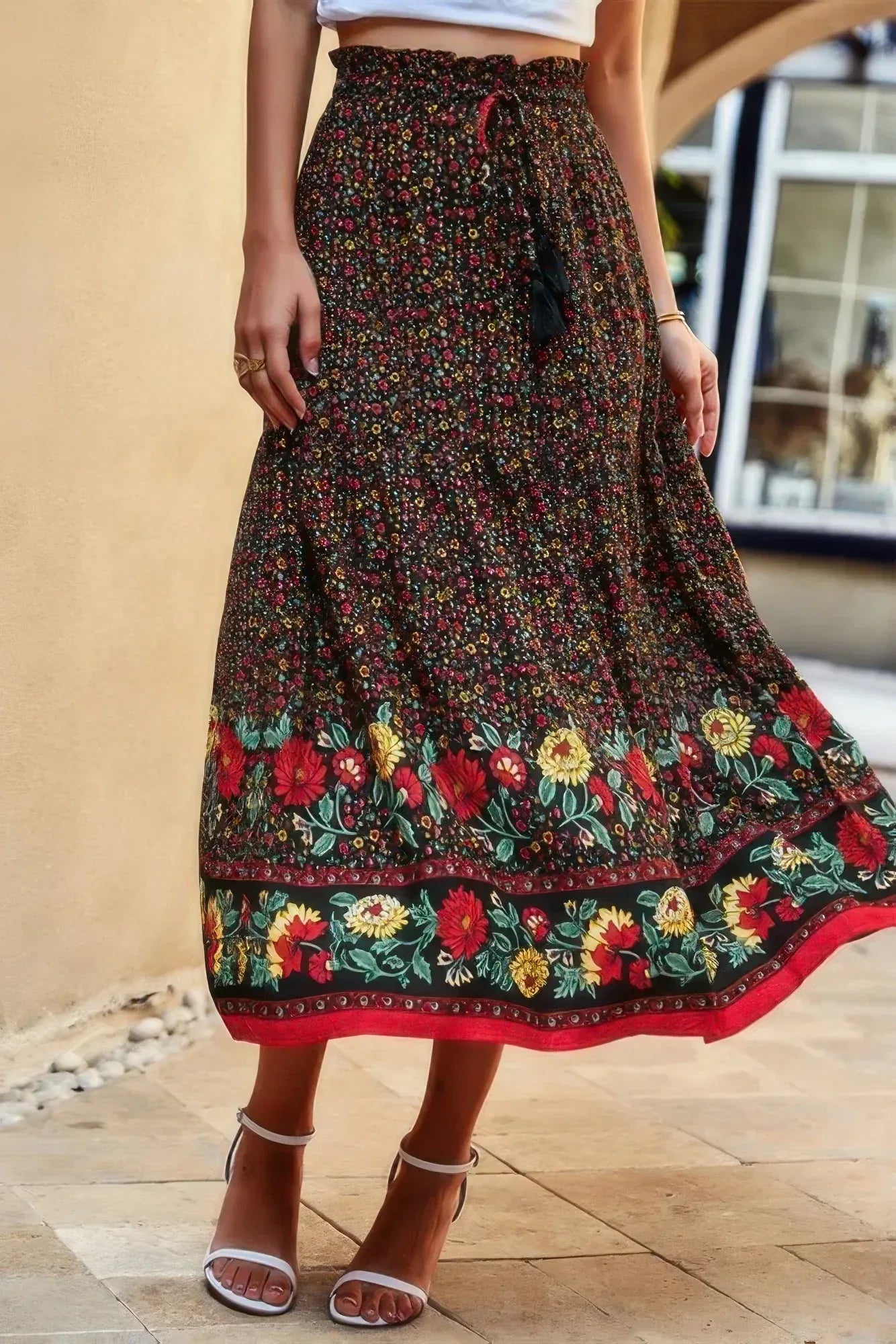 High Rise Drawstring Ruffled Maxi Skirt | Mixtshop LLC Main image