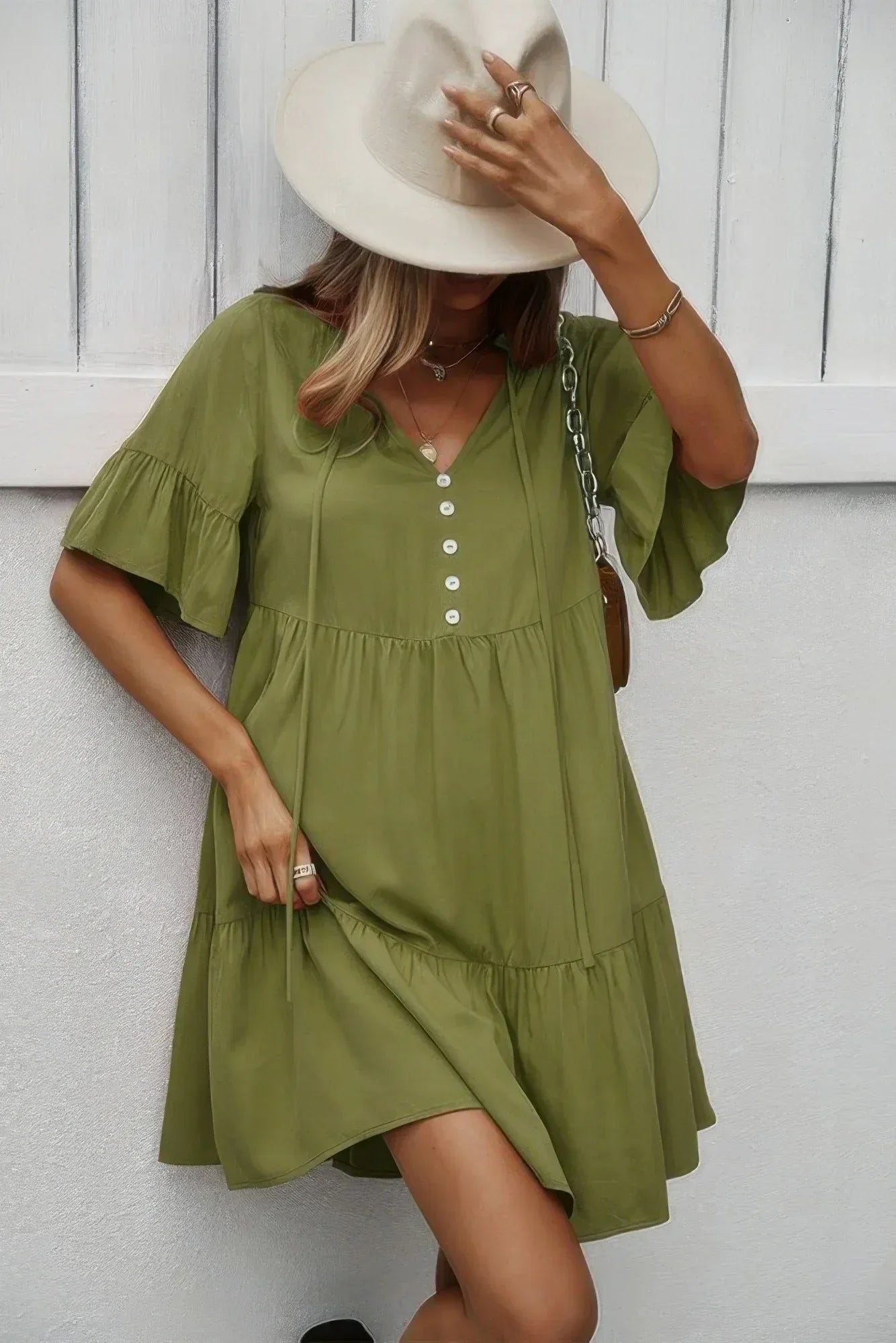 V Neck Button Up Solid Dress | Mixtshop LLC