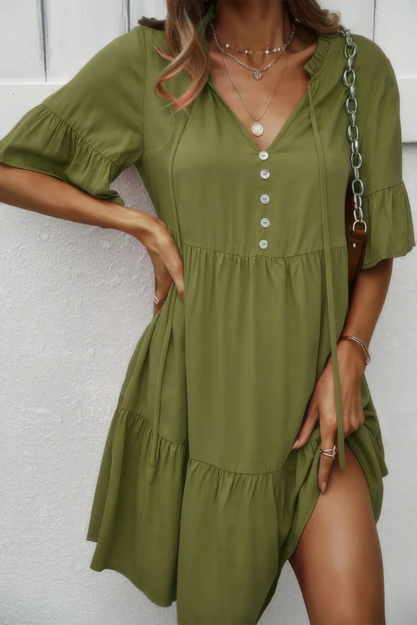 V Neck Button Up Solid Dress | Mixtshop LLC
