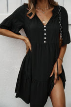 V Neck Button Up Solid Dress | Mixtshop LLC