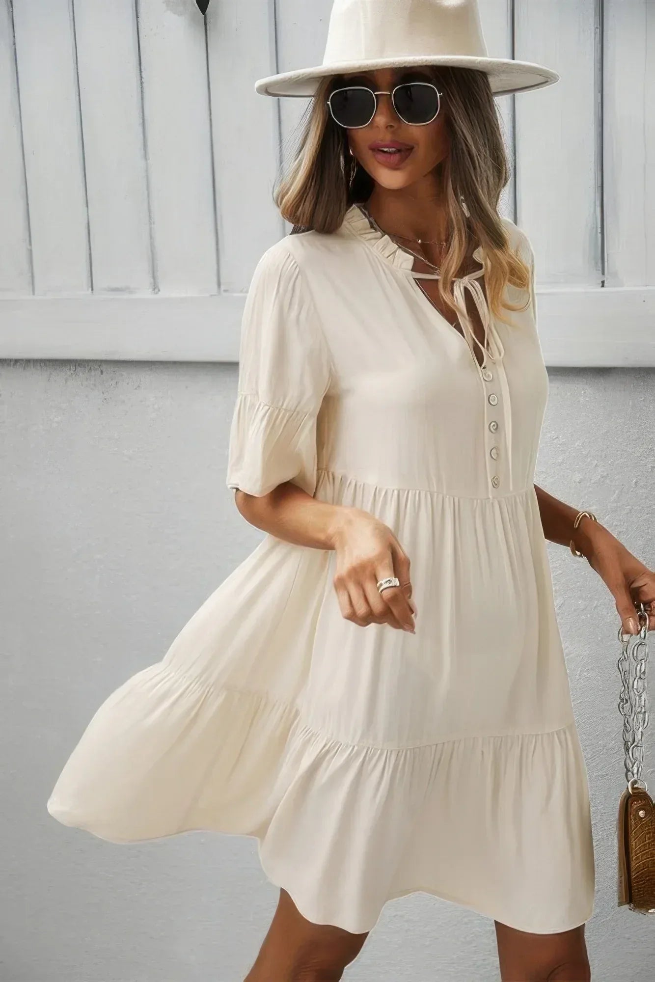 V Neck Button Up Solid Dress | Mixtshop LLC