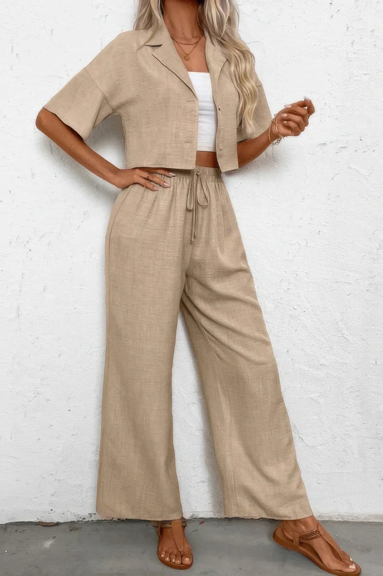 Drop Shoulder Tie Front Wide Leg Pant Set Secondary image