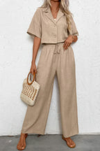 Drop Shoulder Tie Front Wide Leg Pant Set | Mixtshop LLC