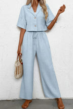 Drop Shoulder Tie Front Wide Leg Pant Set | Mixtshop LLC