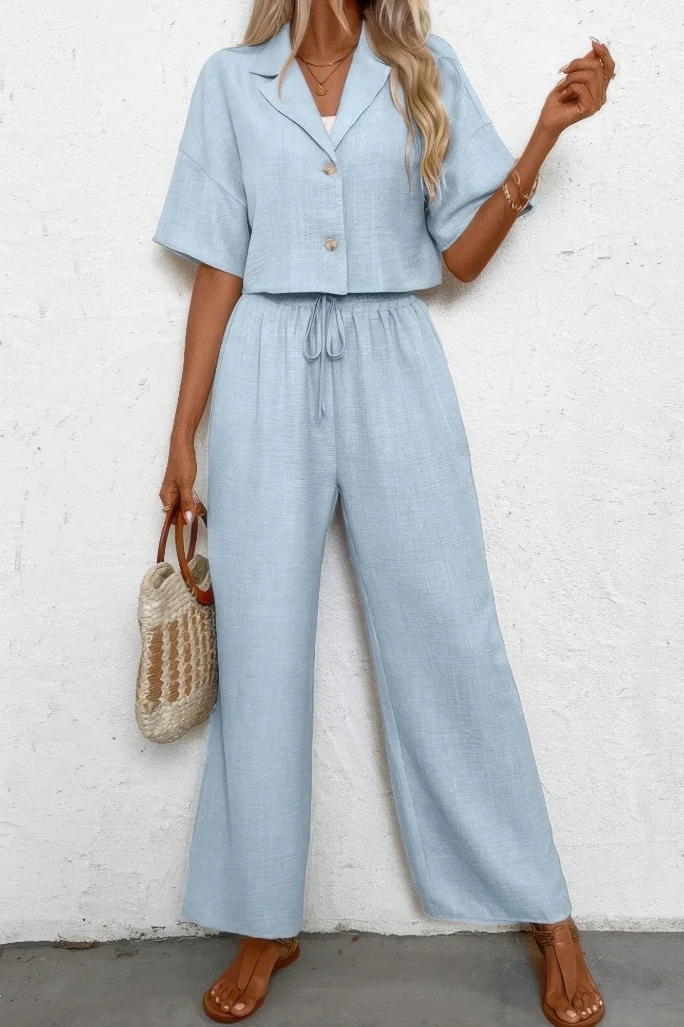 Drop Shoulder Tie Front Wide Leg Pant Set | Mixtshop LLC