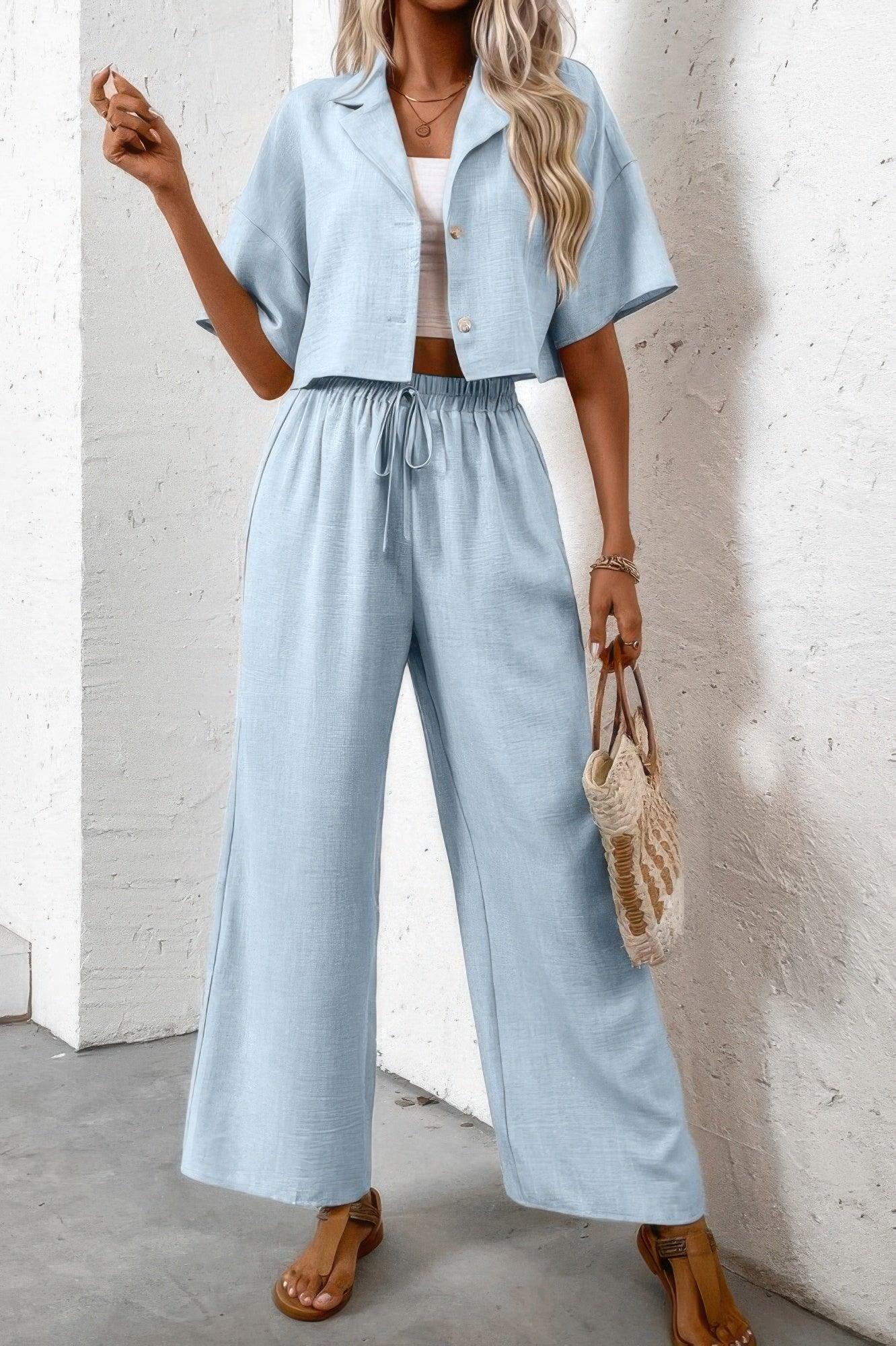 Drop Shoulder Tie Front Wide Leg Pant Set | Mixtshop LLC